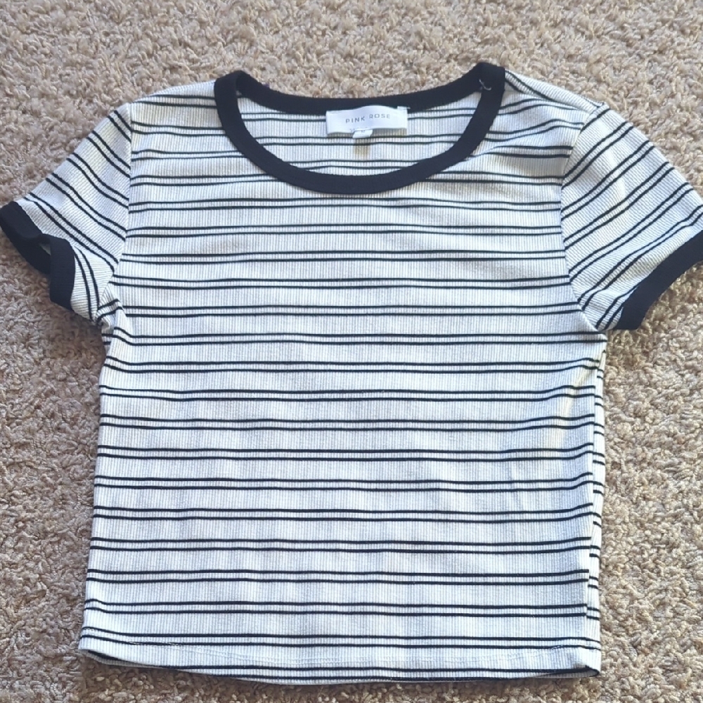 Pink Rose Black & White Striped Ribbed Crop Top